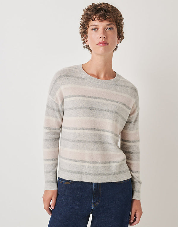 THE WHITE COMPANY Cashmere Multi Stripe Crewneck Jumper - Grey Stripe SzL