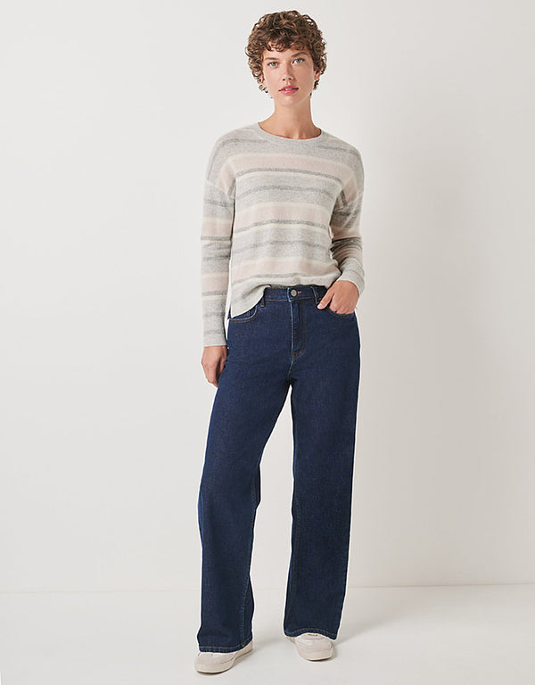 THE WHITE COMPANY Cashmere Multi Stripe Crewneck Jumper - Grey Stripe SzL