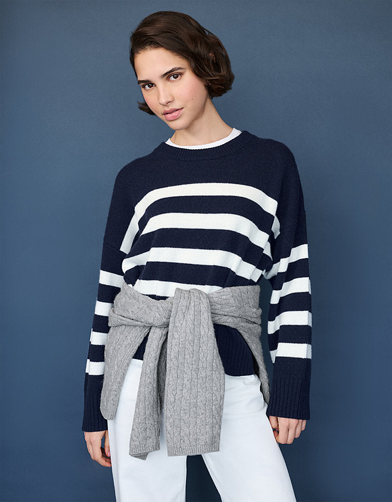 THE WHITE COMPANY Wool & Cashmere Blend Stripe Jumper - Navy SzM