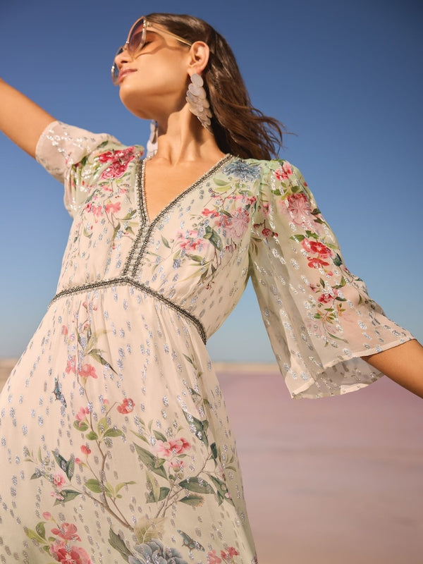 LOVE & ROSES V&A Printed Midi Dress - Ivory Sz10