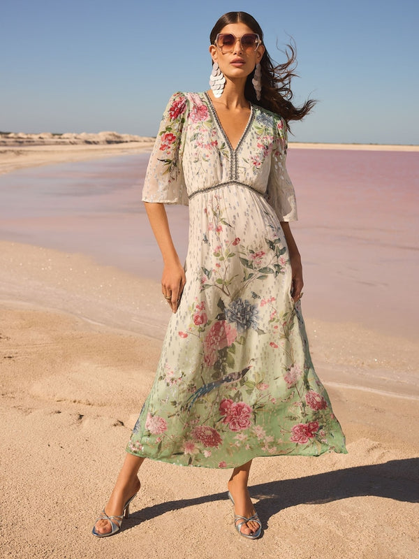 LOVE & ROSES V&A Printed Midi Dress - Ivory Sz10