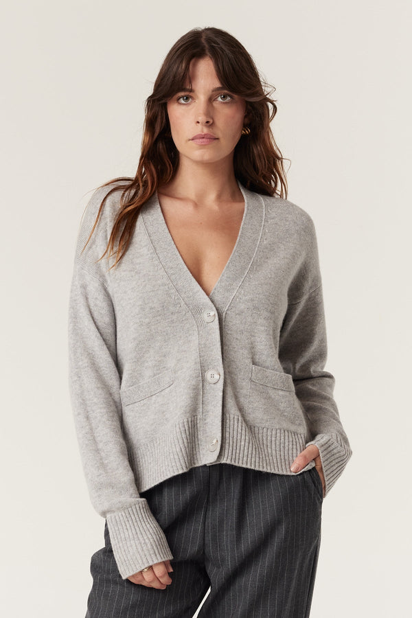CABLE MELBOURNE Cashwool V-Neck Cardigan - Grey Marle SzL
