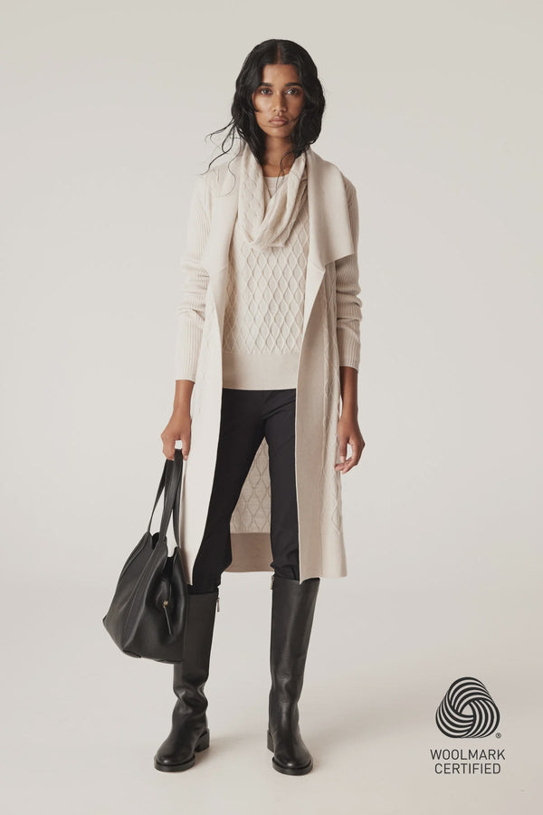 CABLE Merino Long Wrap Cardigan - Antique White SzM