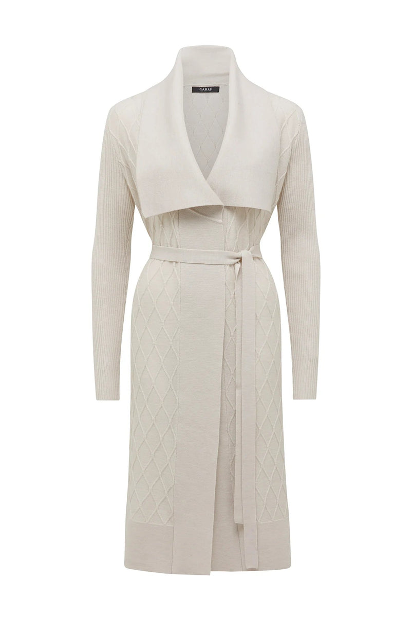 CABLE Merino Long Wrap Cardigan - Antique White SzM