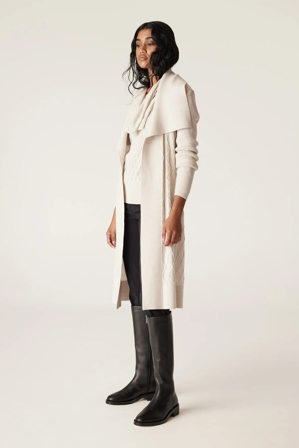CABLE Merino Long Wrap Cardigan - Antique White SzM