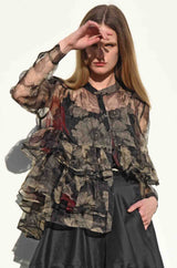 TRELISE COOPER  Dusk Frill Dawn Silk Shirt - Transparent Floral SzM