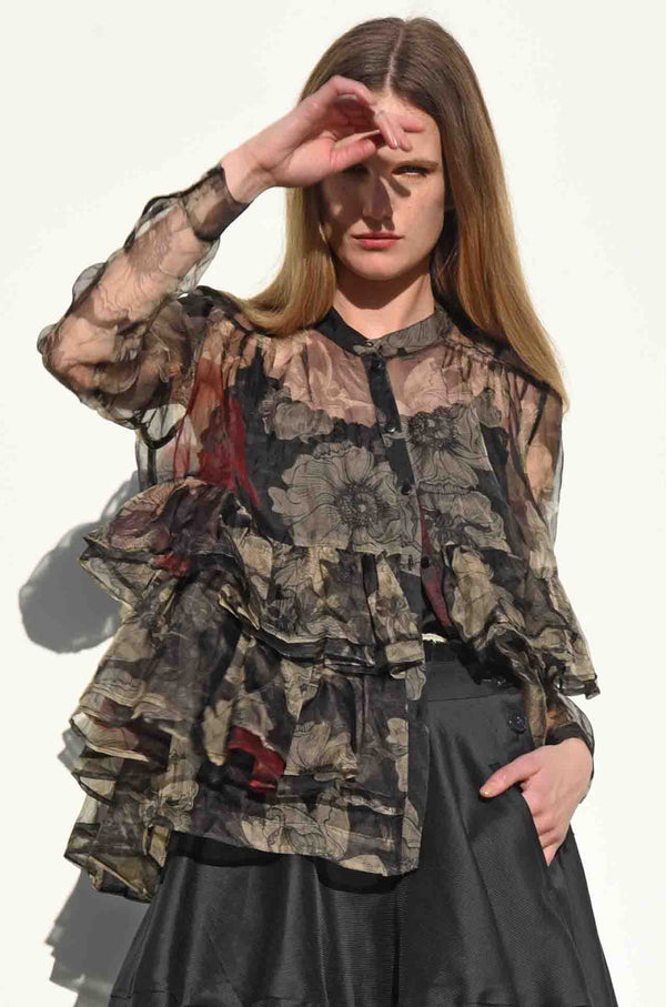 TRELISE COOPER  Dusk Frill Dawn Silk Shirt - Transparent Floral SzM