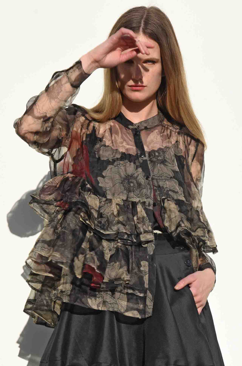 TRELISE COOPER  Dusk Frill Dawn Silk Shirt - Transparent Floral SzM