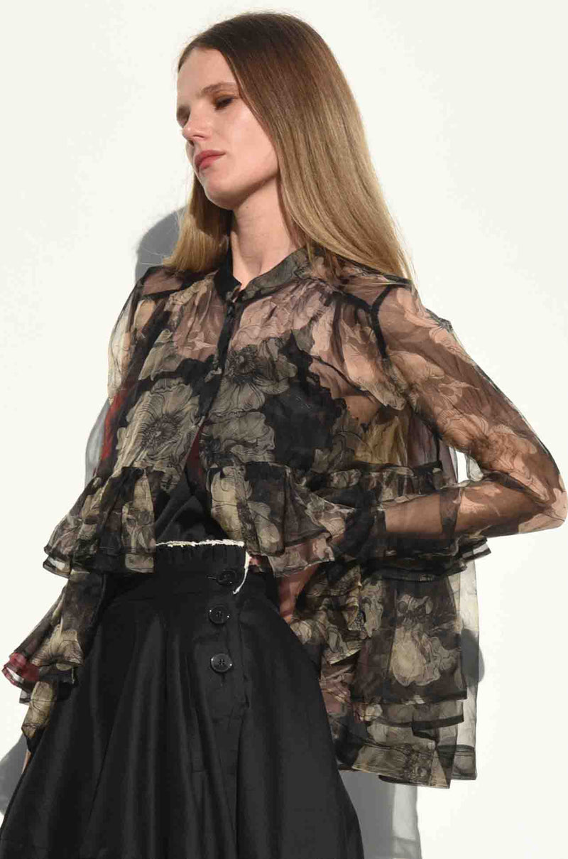 TRELISE COOPER  Dusk Frill Dawn Silk Shirt - Transparent Floral SzM