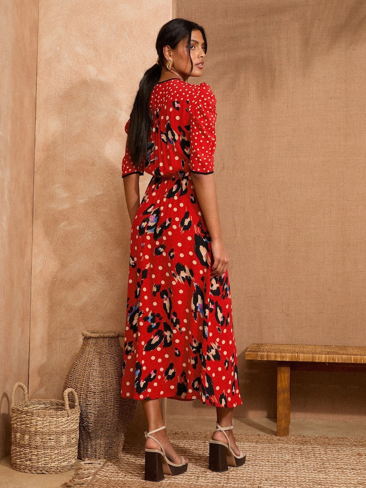 LOVE & ROSES Animal Print V-Neck Midi Dress - Red Sz10