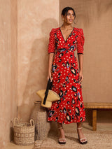 LOVE & ROSES Animal Print V-Neck Midi Dress - Red Sz10