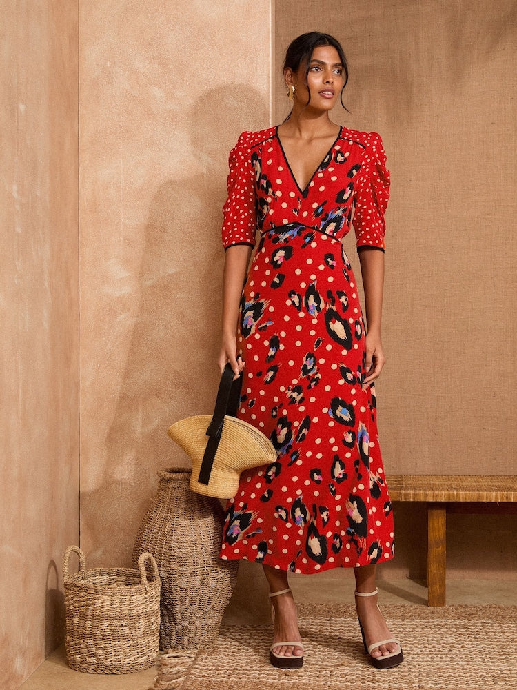 LOVE & ROSES Animal Print V-Neck Midi Dress - Red Sz10