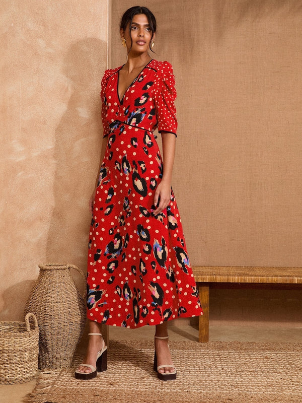 LOVE & ROSES Animal Print V-Neck Midi Dress - Red Sz10