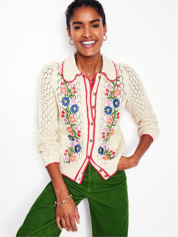 BODEN Embroidered Cotton Cardigan - Warm Ivory SzM