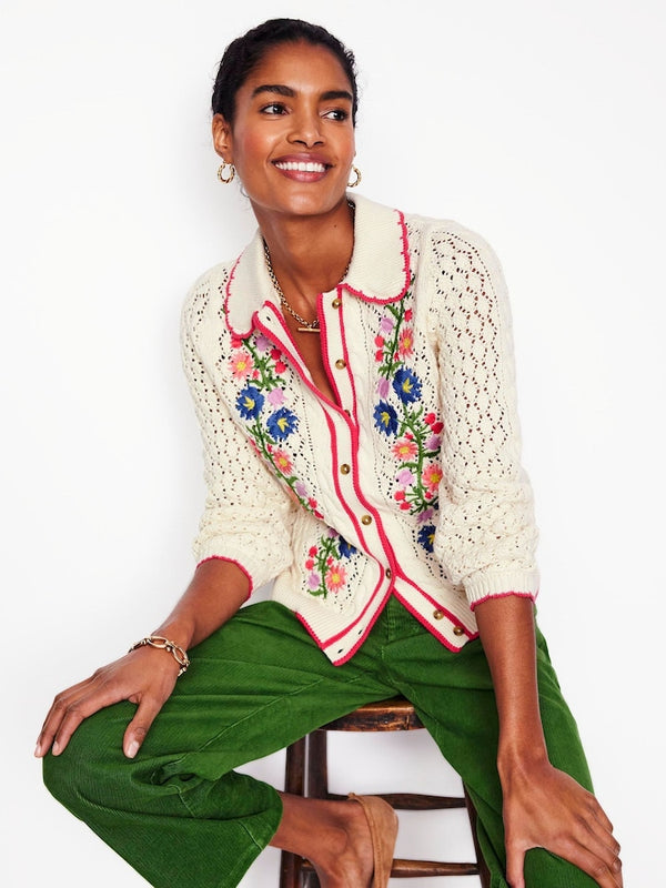 BODEN Embroidered Cotton Cardigan - Warm Ivory SzM