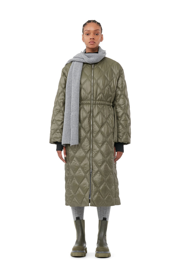 GANNI  Quilted Long Coat - Olive Green