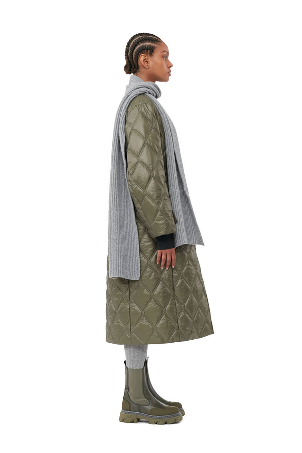 GANNI  Quilted Long Coat - Olive Green