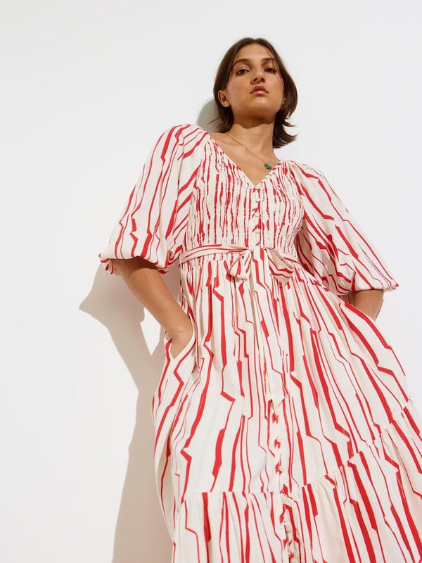 OLIVER BONAS V-Neck Ruched Midi Dress - Red Stripe Sz8