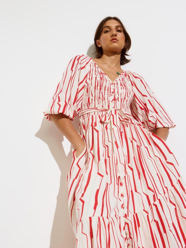 OLIVER BONAS V-Neck Ruched Midi Dress - Red Stripe Sz8