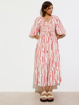 OLIVER BONAS V-Neck Ruched Midi Dress - Red Stripe Sz8