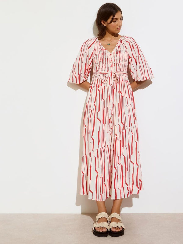 OLIVER BONAS V-Neck Ruched Midi Dress - Red Stripe Sz8
