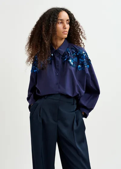 ESSENTIEL ANTWERP Embellished Cotton Shirt - Navy SzM PRE ORDER