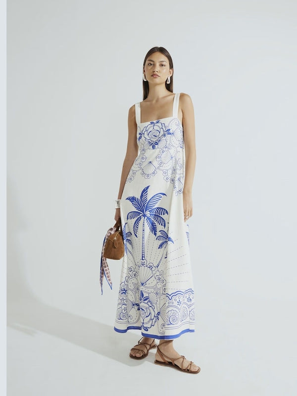 RIVER ISLAND Palm Printed Maxi Dress - Blue SzS