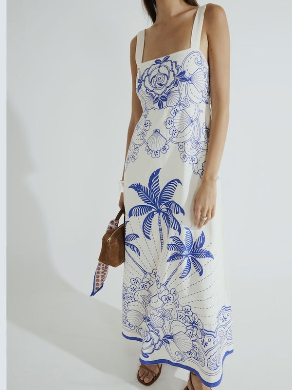 RIVER ISLAND Palm Printed Maxi Dress - Blue SzS