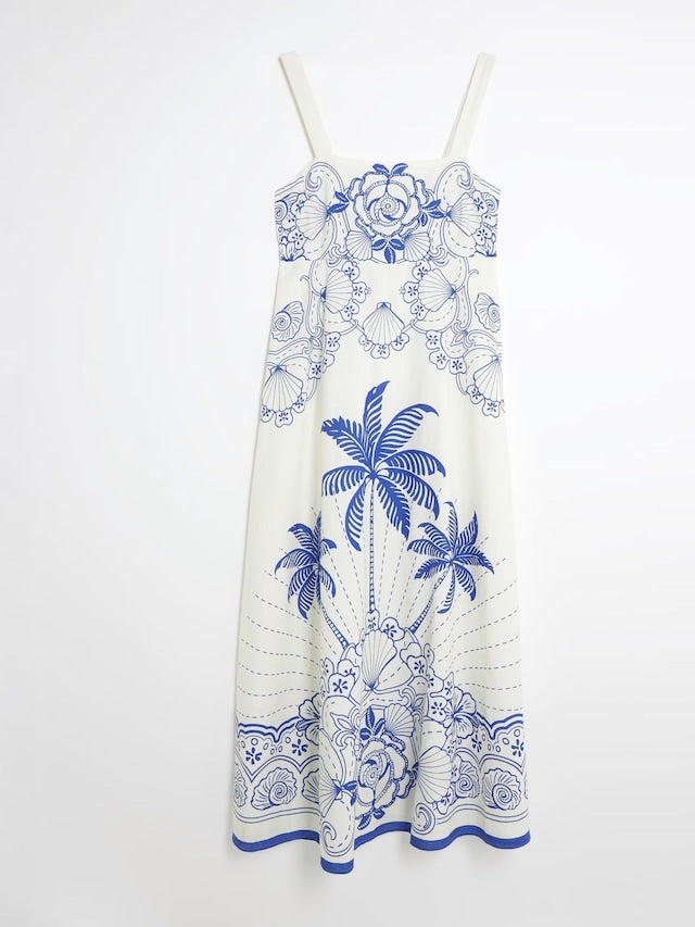 RIVER ISLAND Palm Printed Maxi Dress - Blue SzS