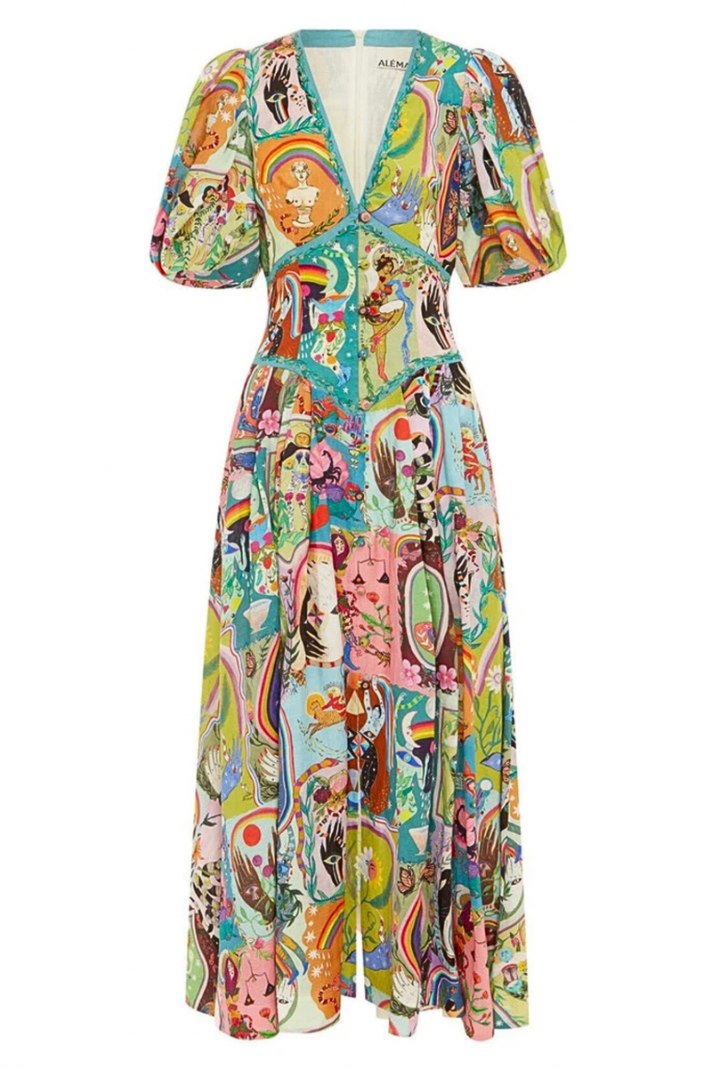 ALEMAIS Evergreen Midi Dress - Multi Sz10