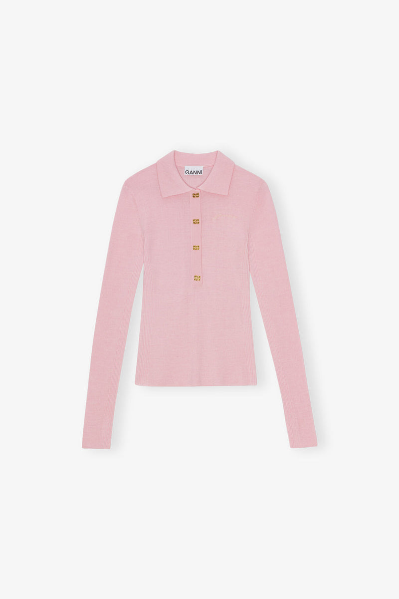 GANNI Knitted Polo Shirt - Pink SzL