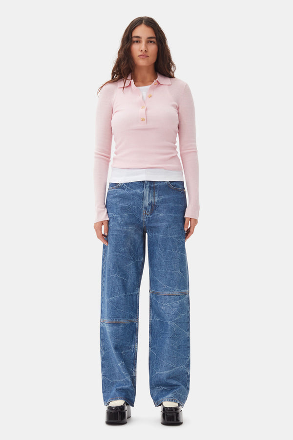 GANNI Knitted Polo Shirt - Pink SzL