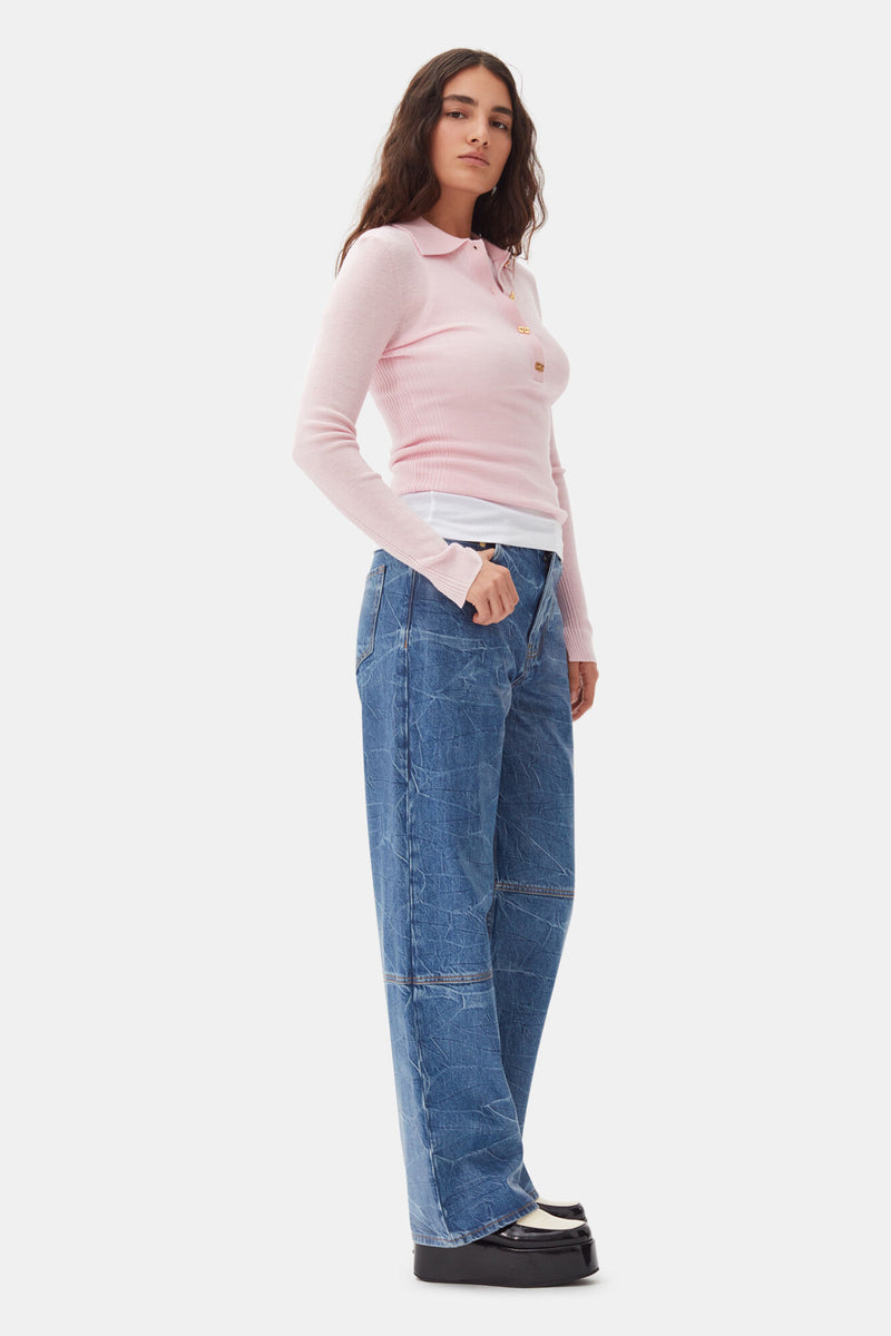 GANNI Knitted Polo Shirt - Pink SzL