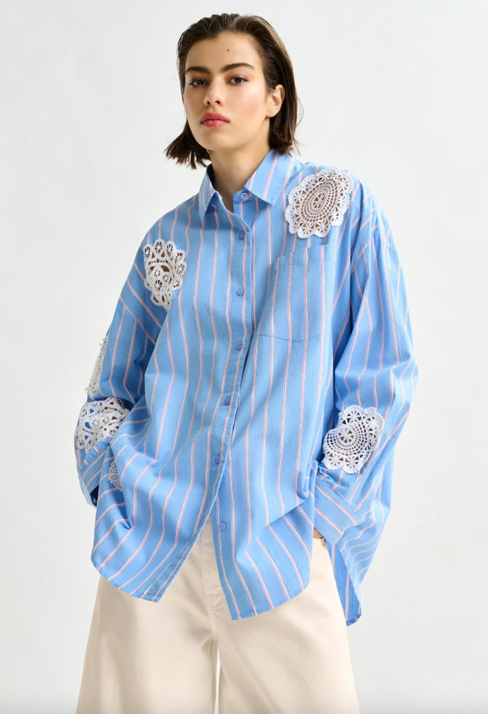ESSENTIEL ANTWERP Lace Patchwork Shirt - Blue Stripe SzL