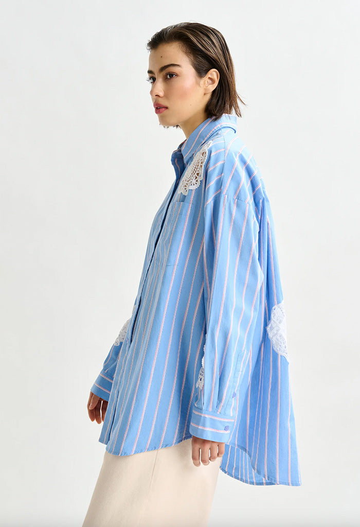 ESSENTIEL ANTWERP Lace Patchwork Shirt - Blue Stripe SzL
