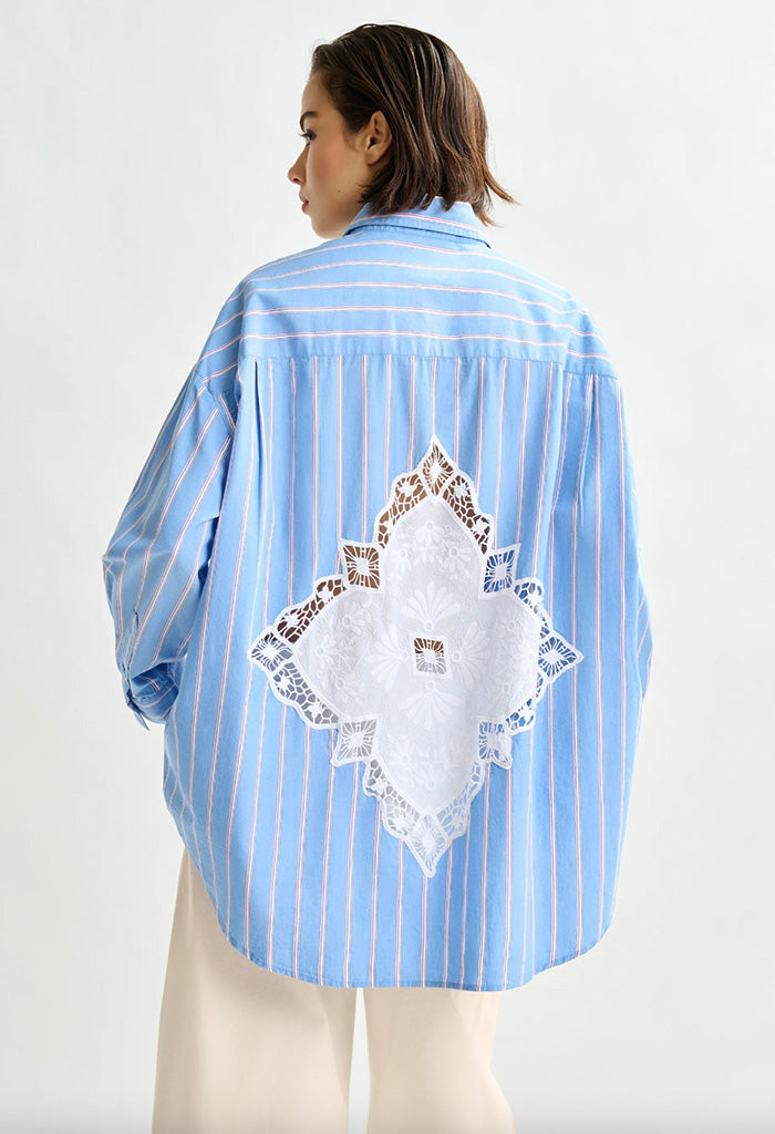 ESSENTIEL ANTWERP Lace Patchwork Shirt - Blue Stripe SzL