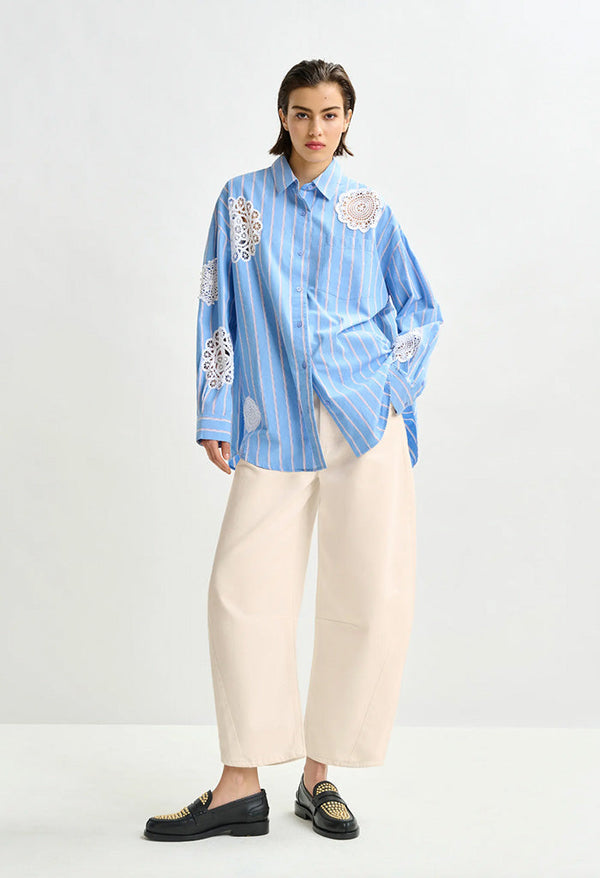 ESSENTIEL ANTWERP Lace Patchwork Shirt - Blue Stripe SzL