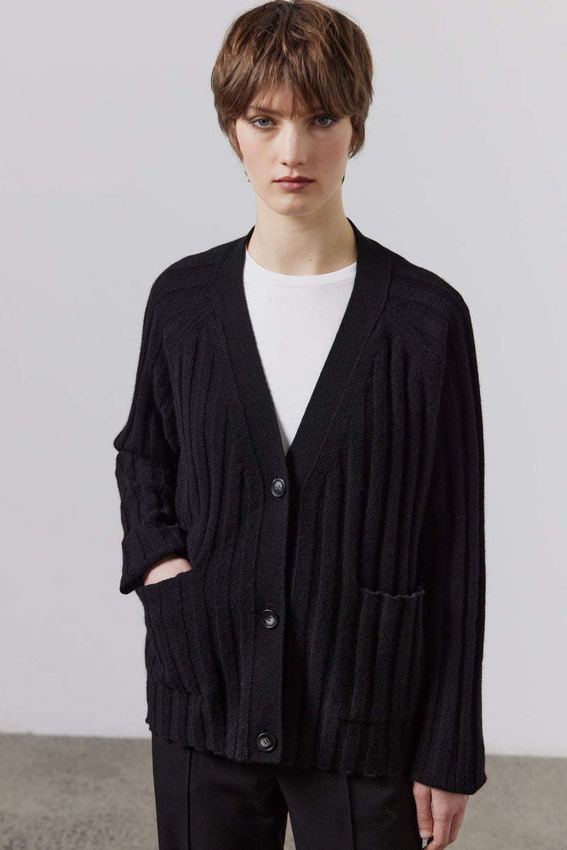 LAING Lizzie Ribbed Cashmere Cardigan - Black SzXS