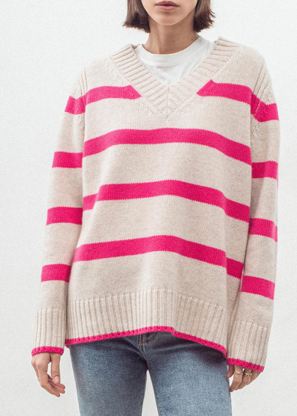 ALEGER N.327 Multi Stripe V Neck - Pink Flash SzXS