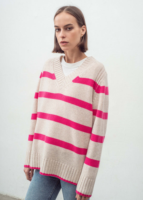 ALEGER N.327 Multi Stripe V Neck - Pink Flash SzXS