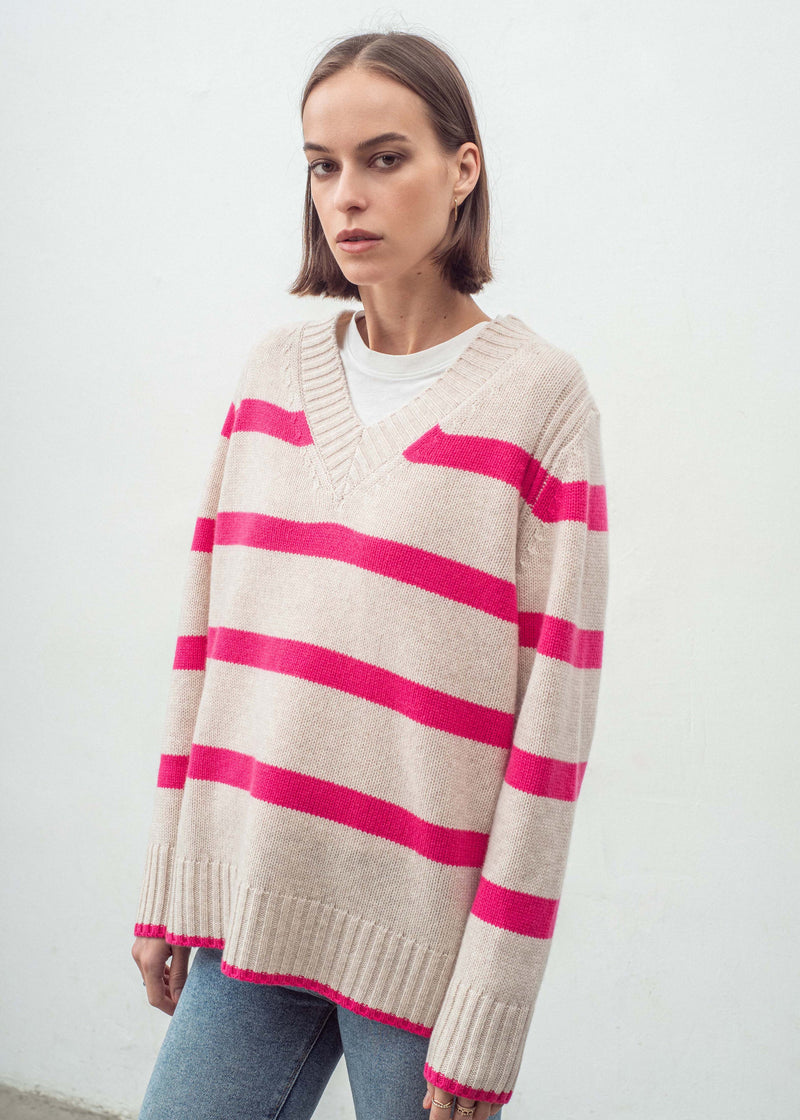ALEGER N.327 Multi Stripe V Neck - Pink Flash SzXS