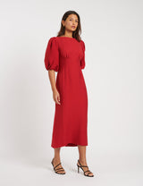NOBODY'S CHILD Puff Sleeve Midi Dress - Red Sz14