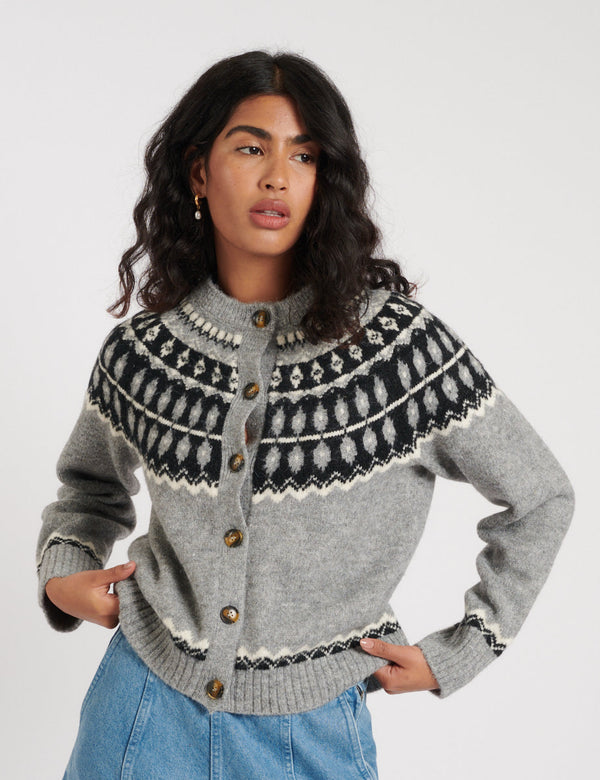 NOBODY'S CHILD Fair Isle Wool Blend Cardigan - Grey SzM