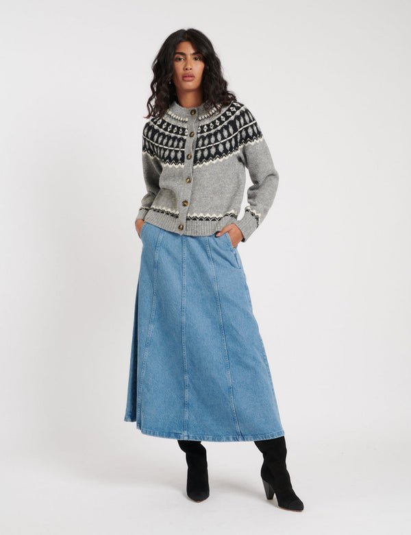 NOBODY'S CHILD Fair Isle Wool Blend Cardigan - Grey SzM