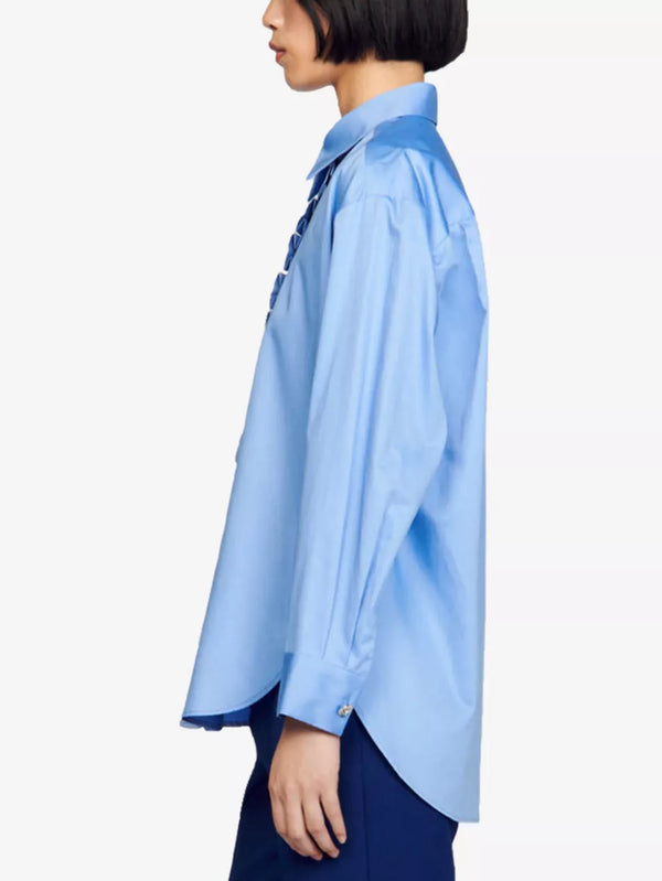 SANDRO Jano Ruffle Shirt - Blue Sz2 NZ10