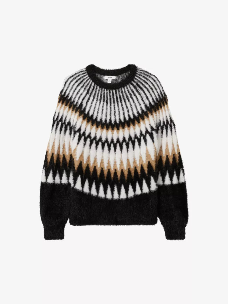 REISS Fuzzy Fairisle Jumper - Black/Camel SzS