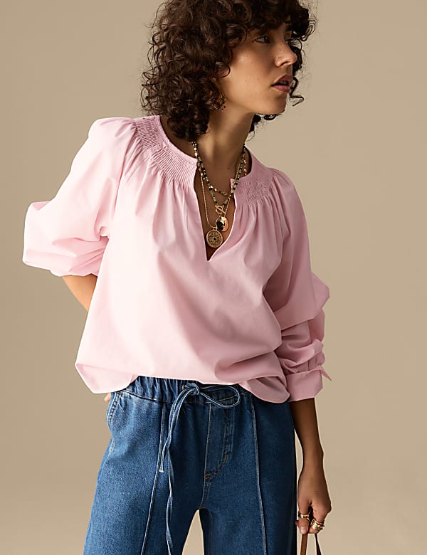M & S PER UNA Cotton Pintuck Blouse - Soft Pink Sz18