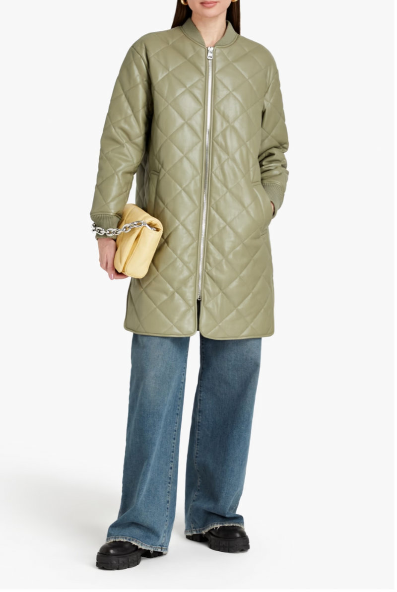 JAKKE Quilted Vegan Leather Coat - Sage Green