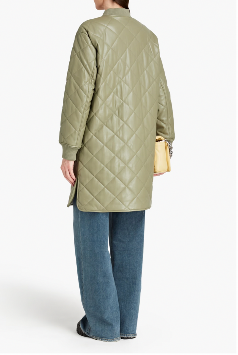 JAKKE Quilted Vegan Leather Coat - Sage Green
