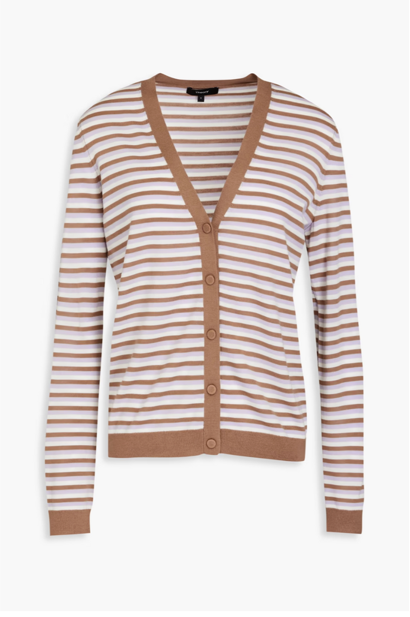 THEORY V Neck Stripe Wool Cardigan - Lavender SzM
